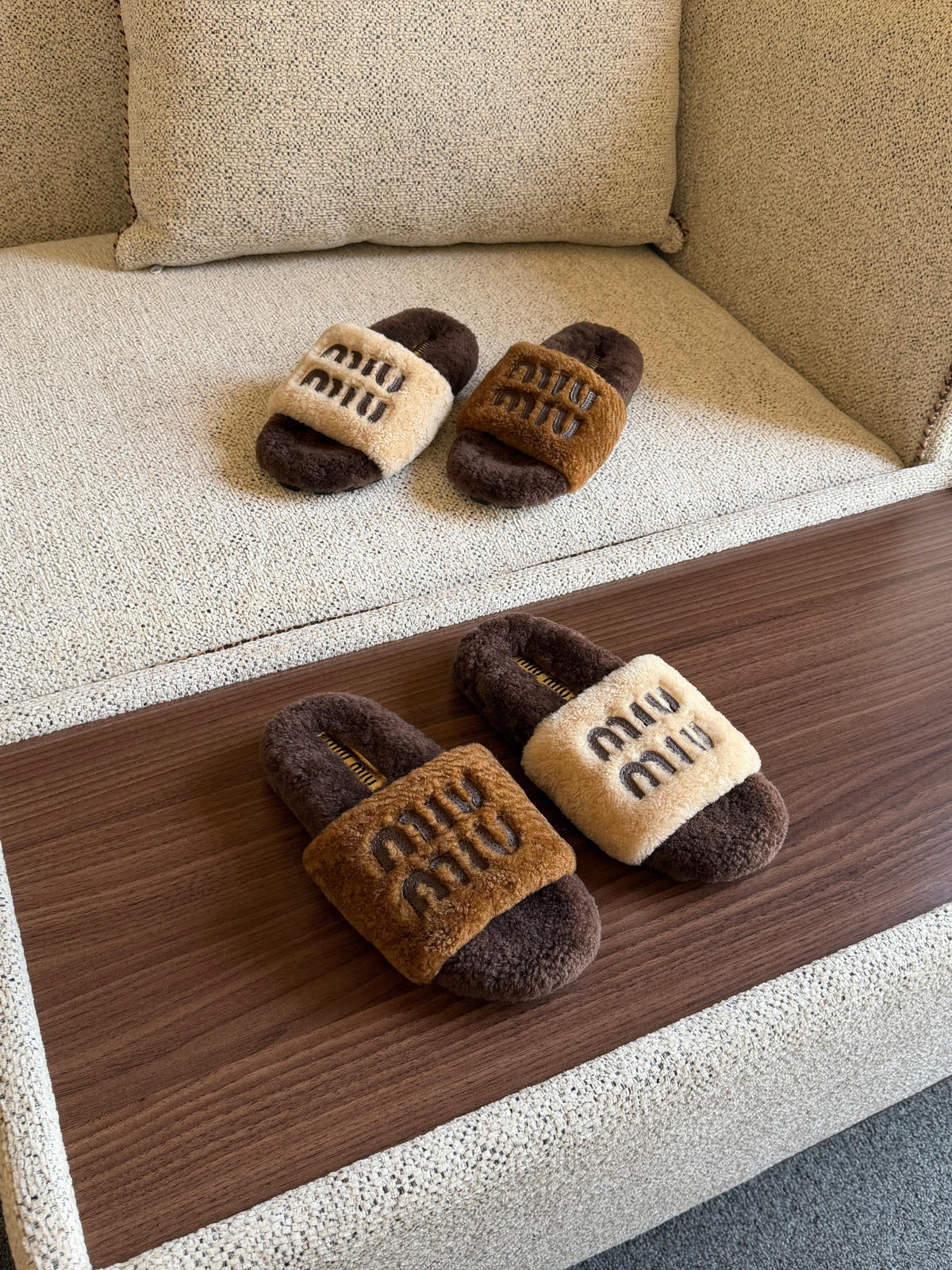 Miu Miu Shearling Logo Slide Slippers