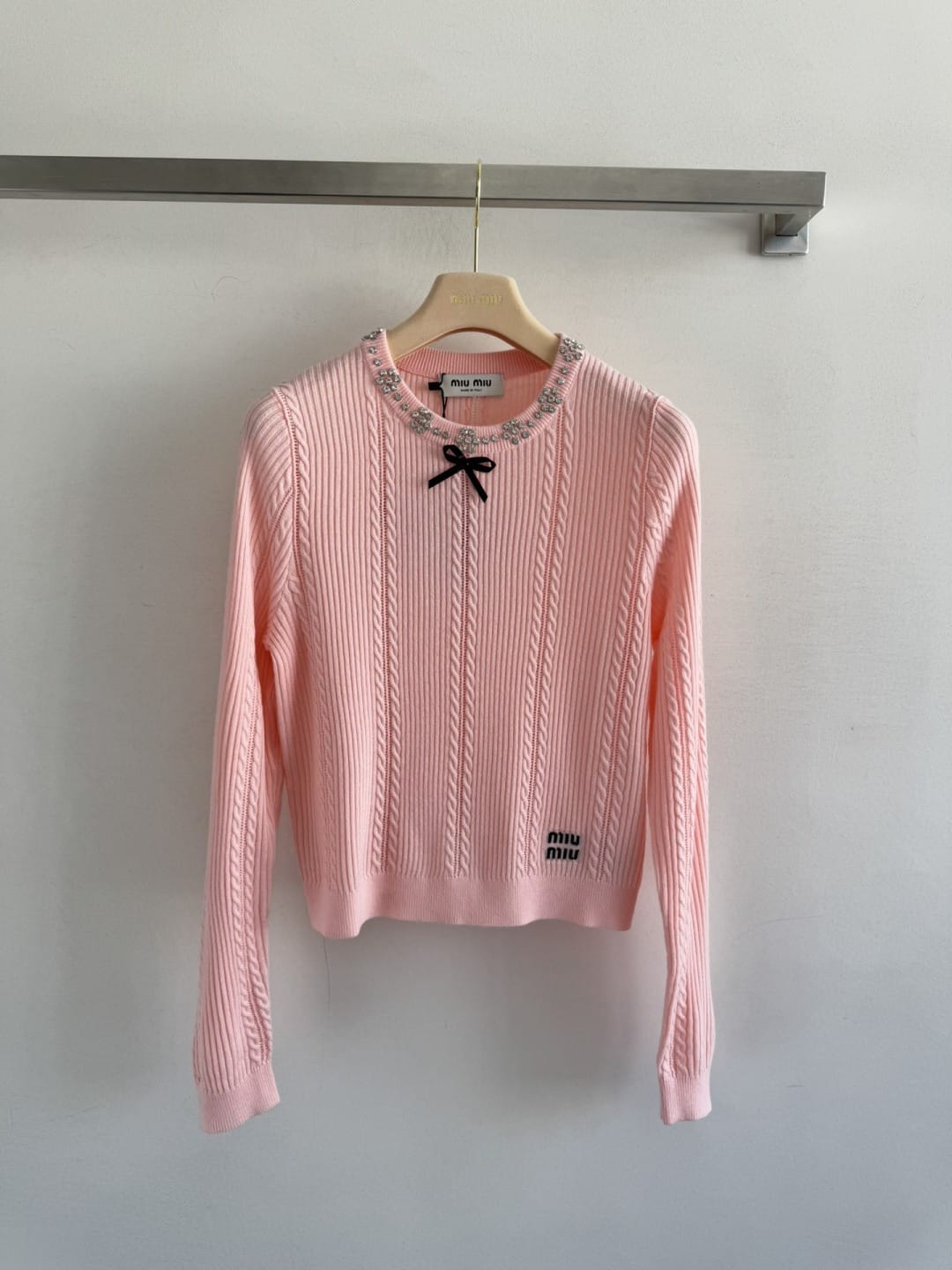 Miu Miu Crystal-Embellished Bow Cable-Knit Sweater