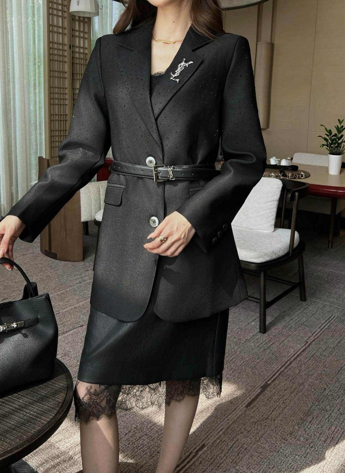 Saint Laurent Tailored Belted Blazer Jacket with YSL Brooch