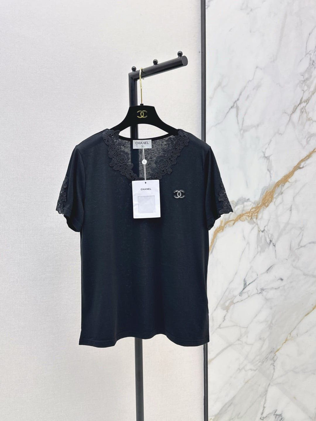 Chanel Lace Trim V-Neck Knit T-Shirt