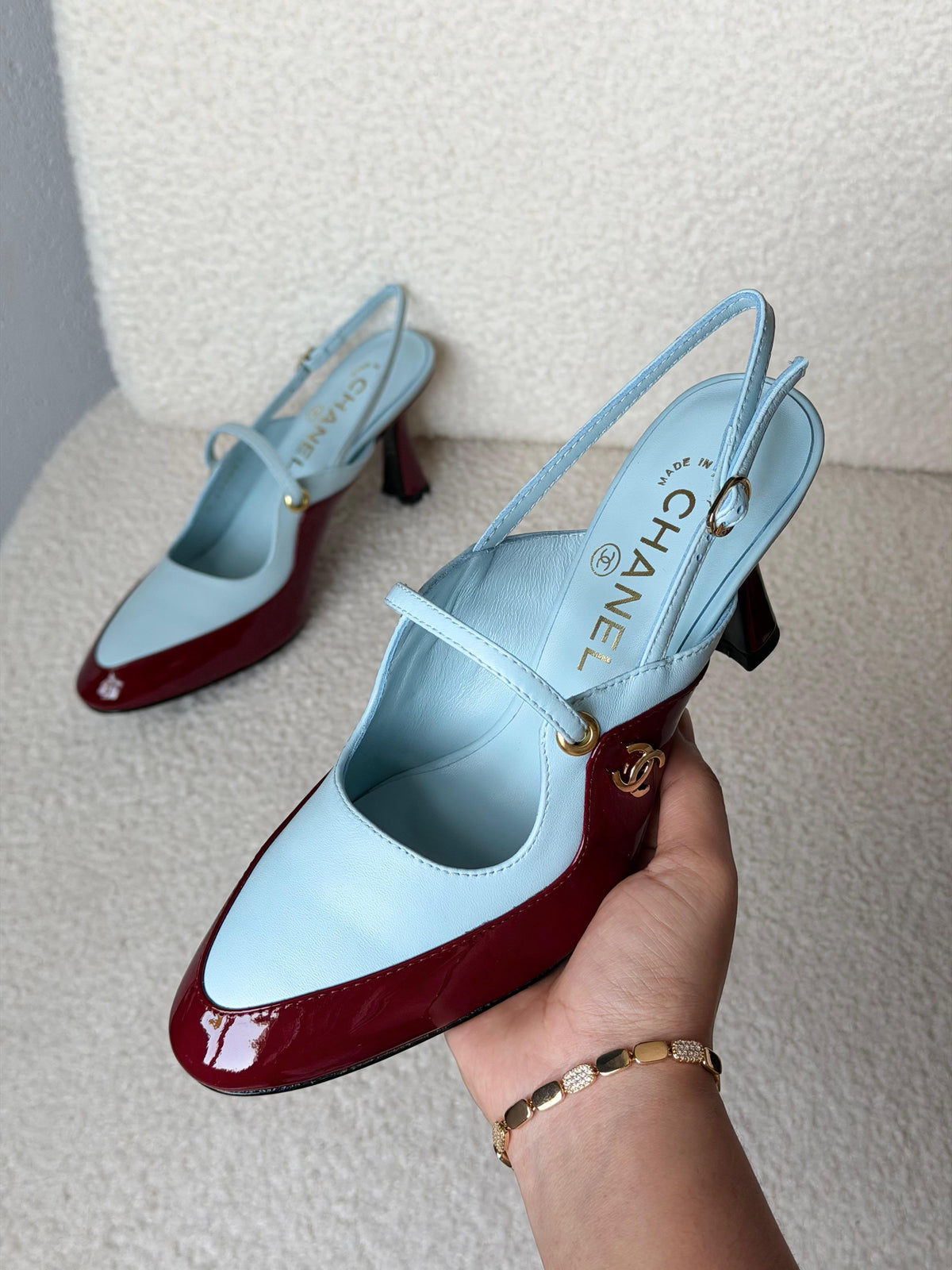 Chanel Two-Tone Patent and Leather Slingback Heels with T-Strap and CC Logo