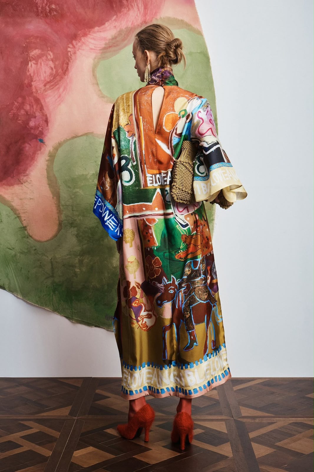 Alémais Multi-Color Scenic Print Silk Maxi Dress with Mock Neck and Tie Belt
