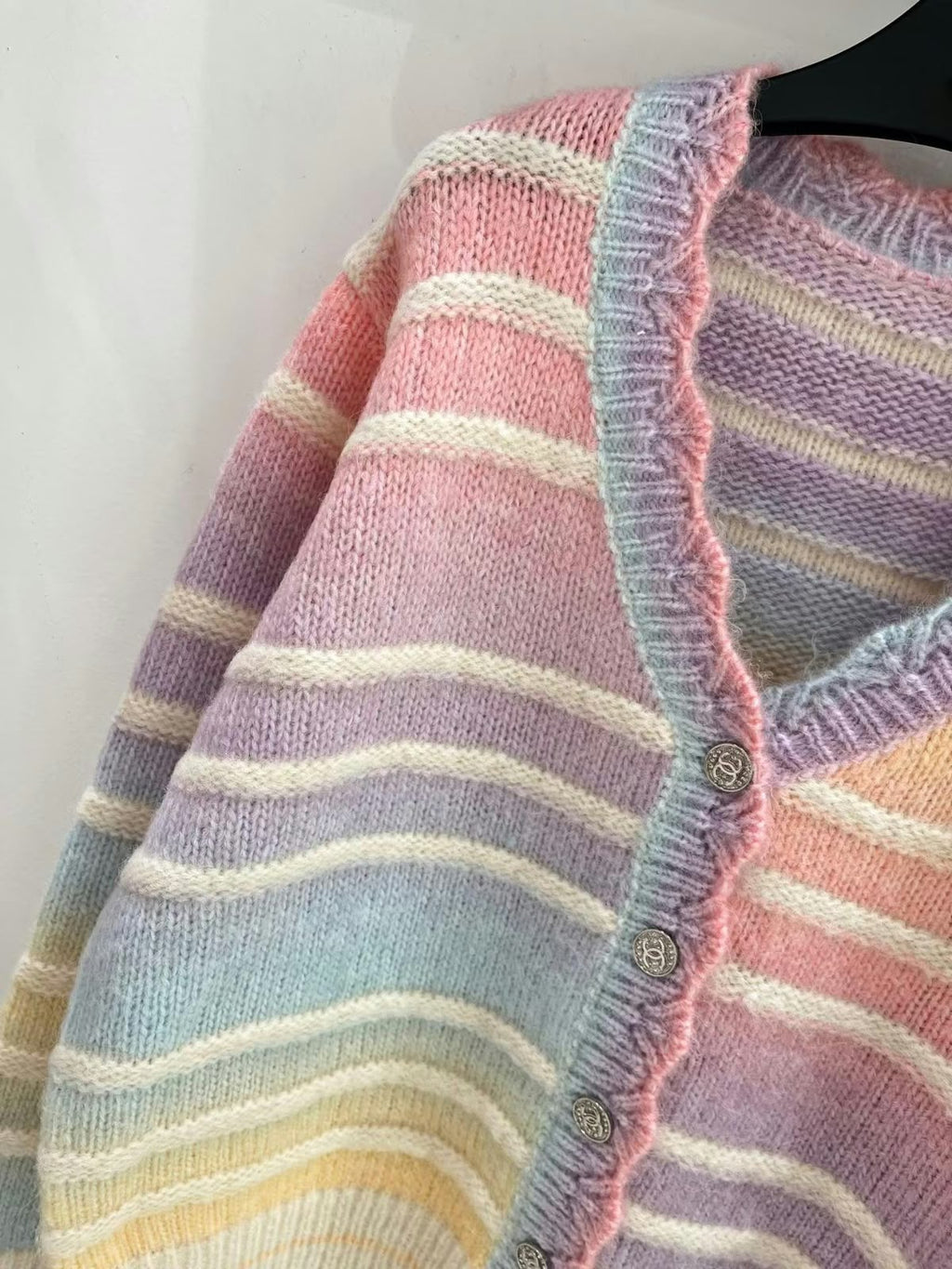 Chanel Pastel Rainbow Striped Knit CC Logo Cardigan