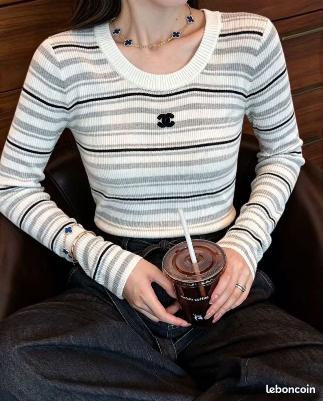 Chanel Striped Ribbed Knit Long-Sleeve Pullover Top with CC Logo