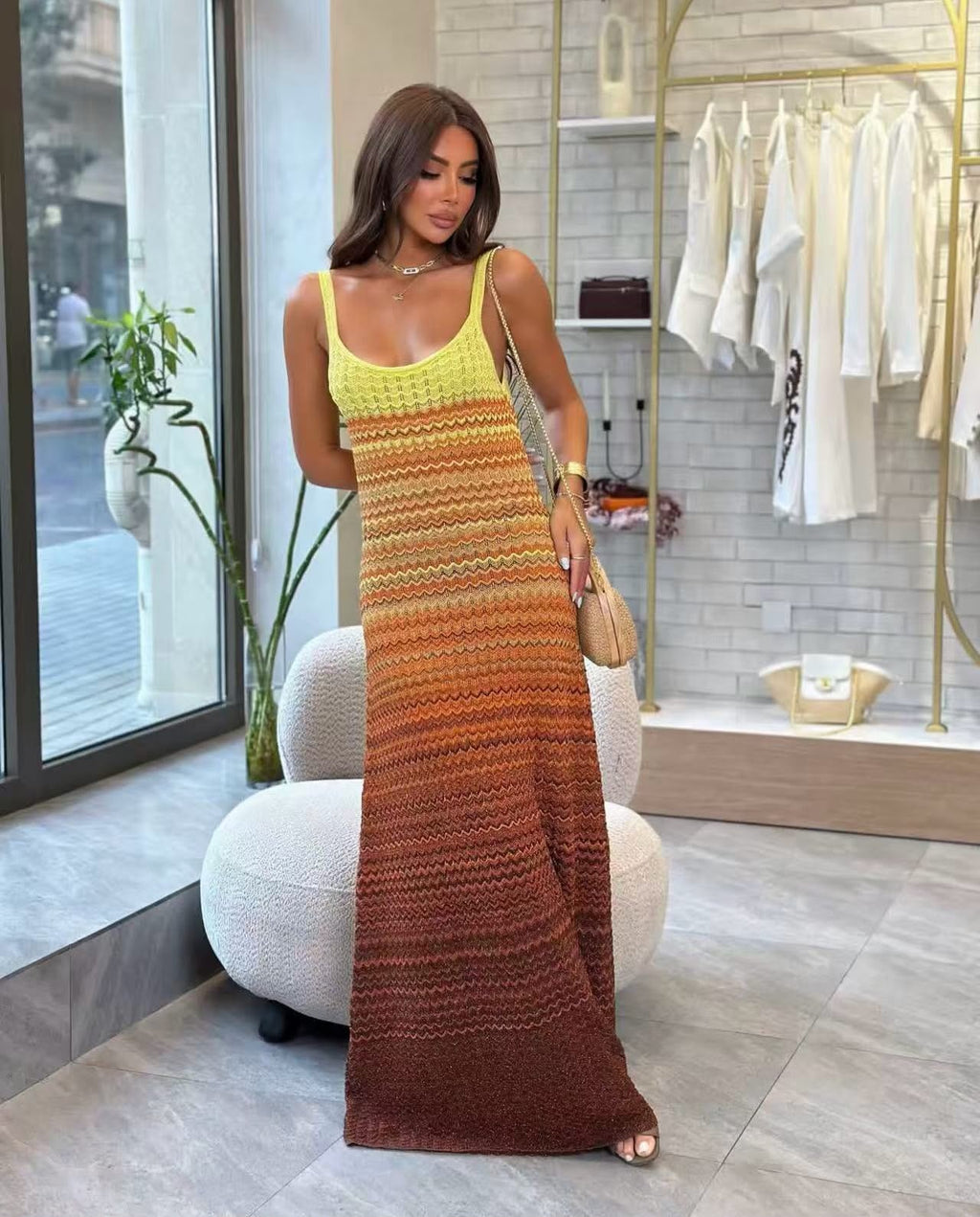 Missoni Gradient Crochet Knit Scoop Neck Maxi Dress
