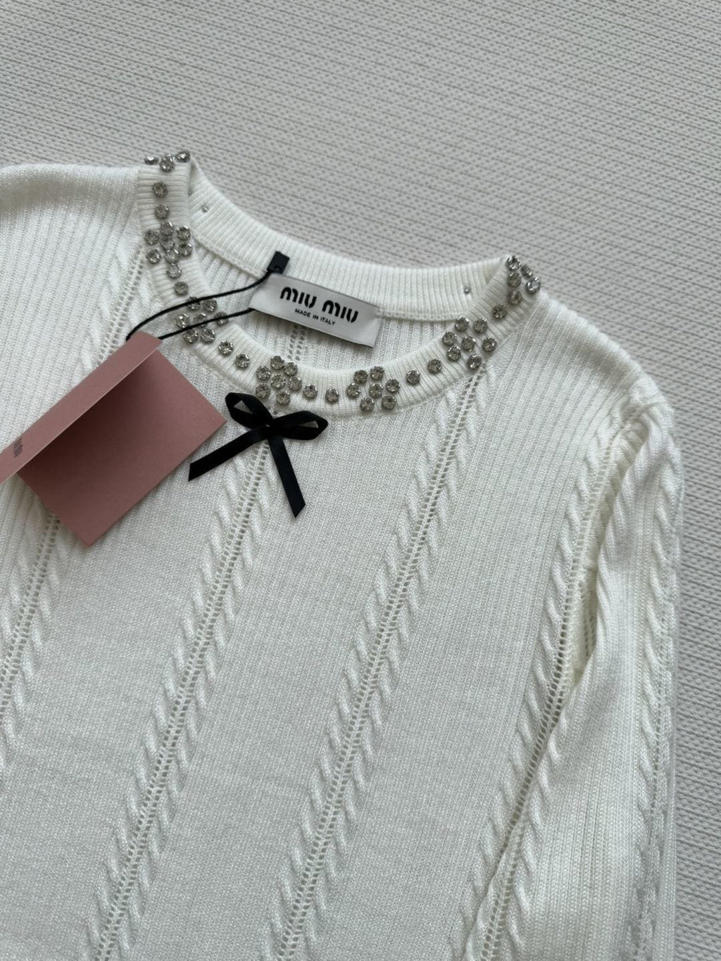 Miu Miu Crystal-Embellished Bow Cable-Knit Sweater
