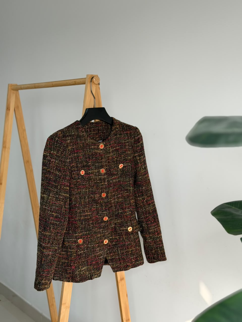 CHANEL Dark Multicolor Tweed Collarless Button-Up Jacket