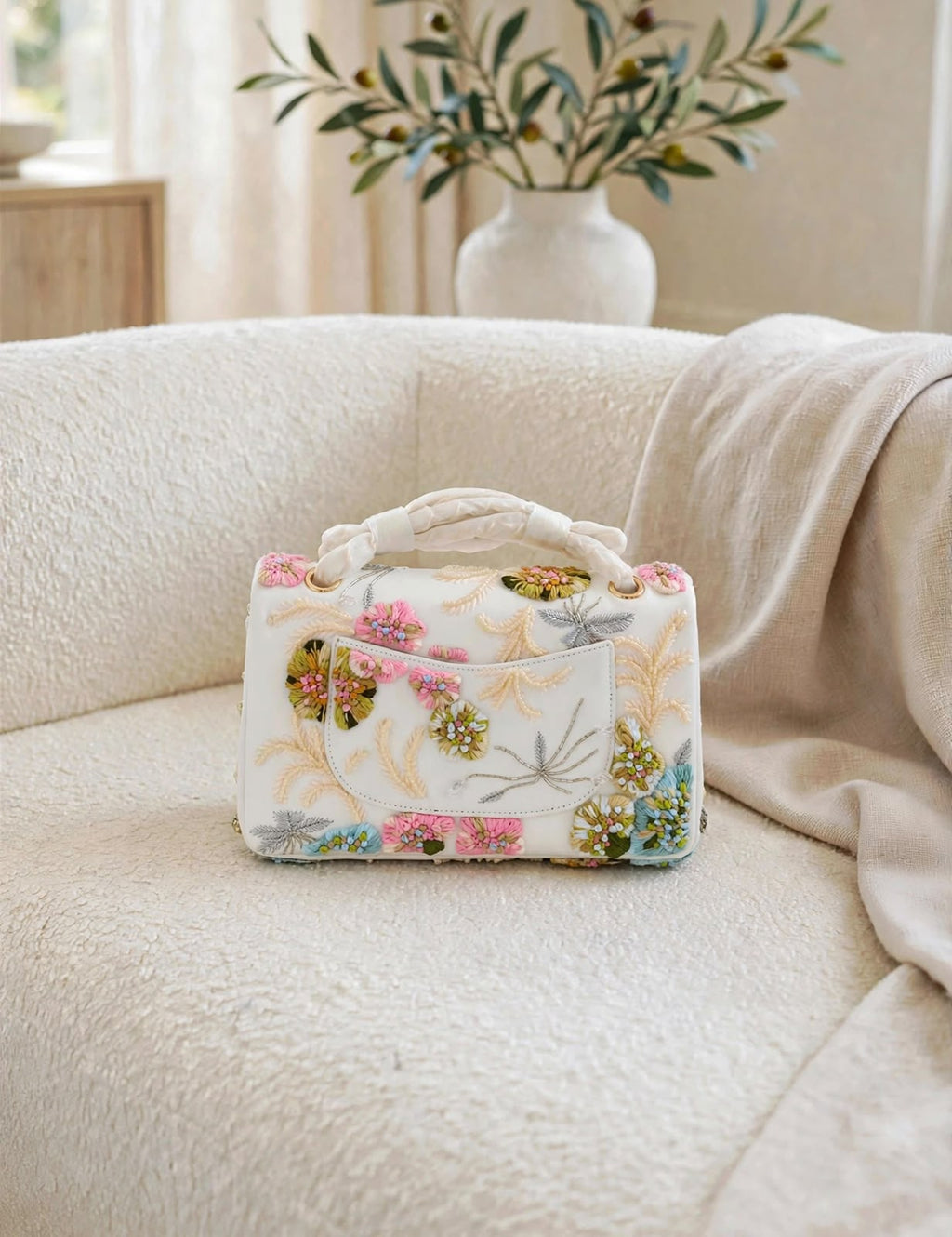 CHANEL Floral Embroidered Top Handle Flap Bag