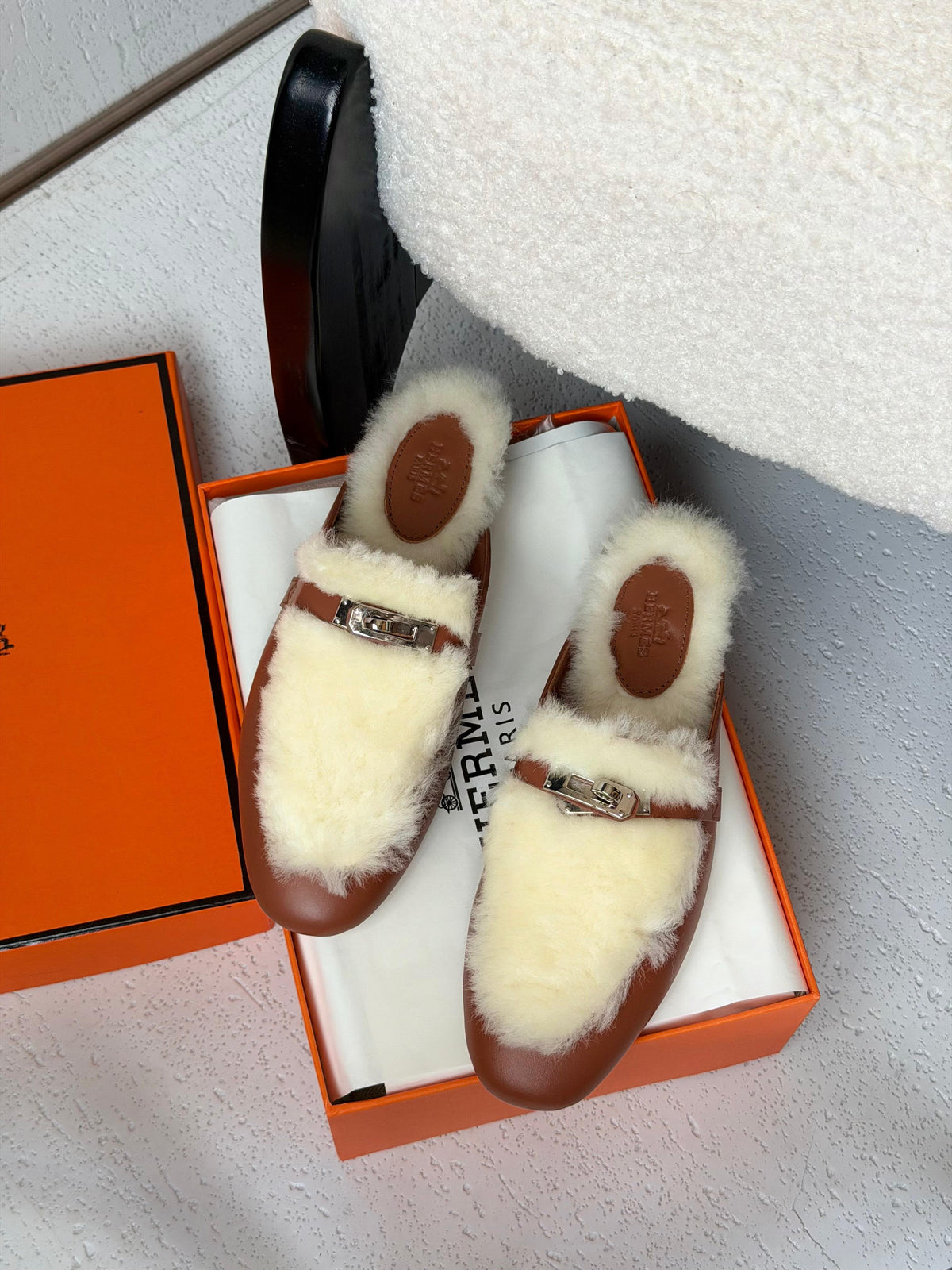 HERMES Fleece-Trim Mule Flats