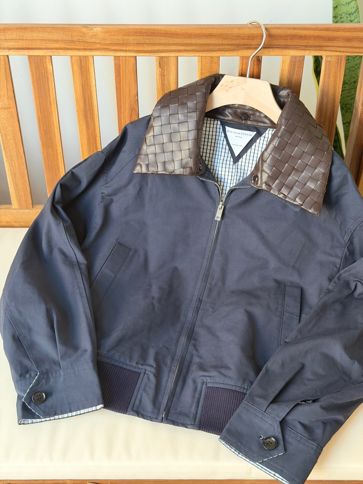 Bottega Veneta Crop Jacket with Contrast Woven Leather Collar