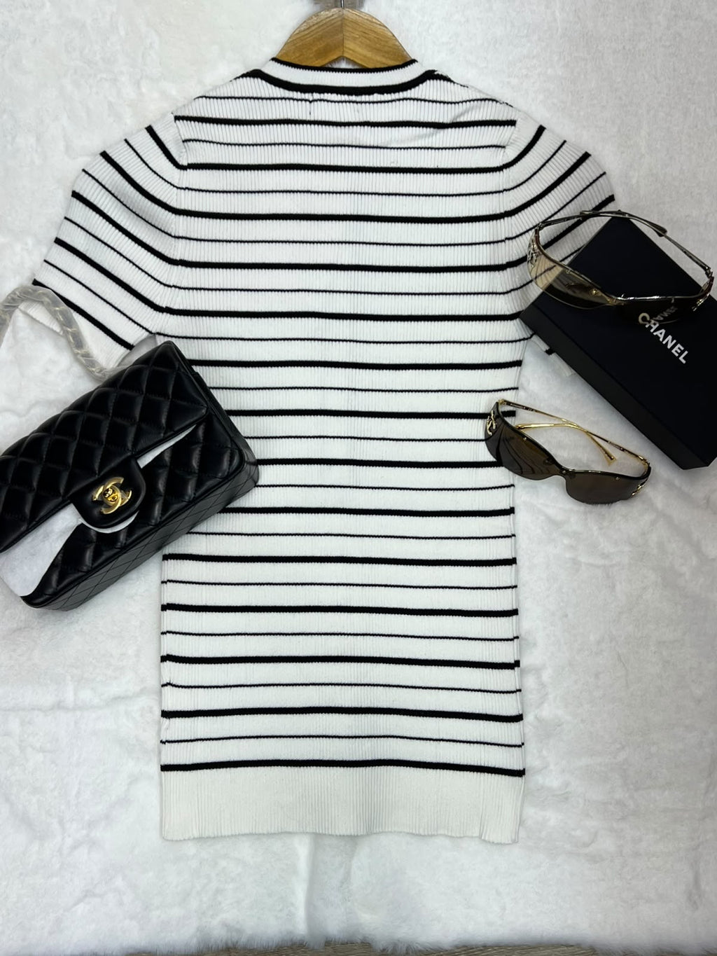 Chanel Striped Ribbed Short-Sleeve Cardigan Top with Gold CC Buttons