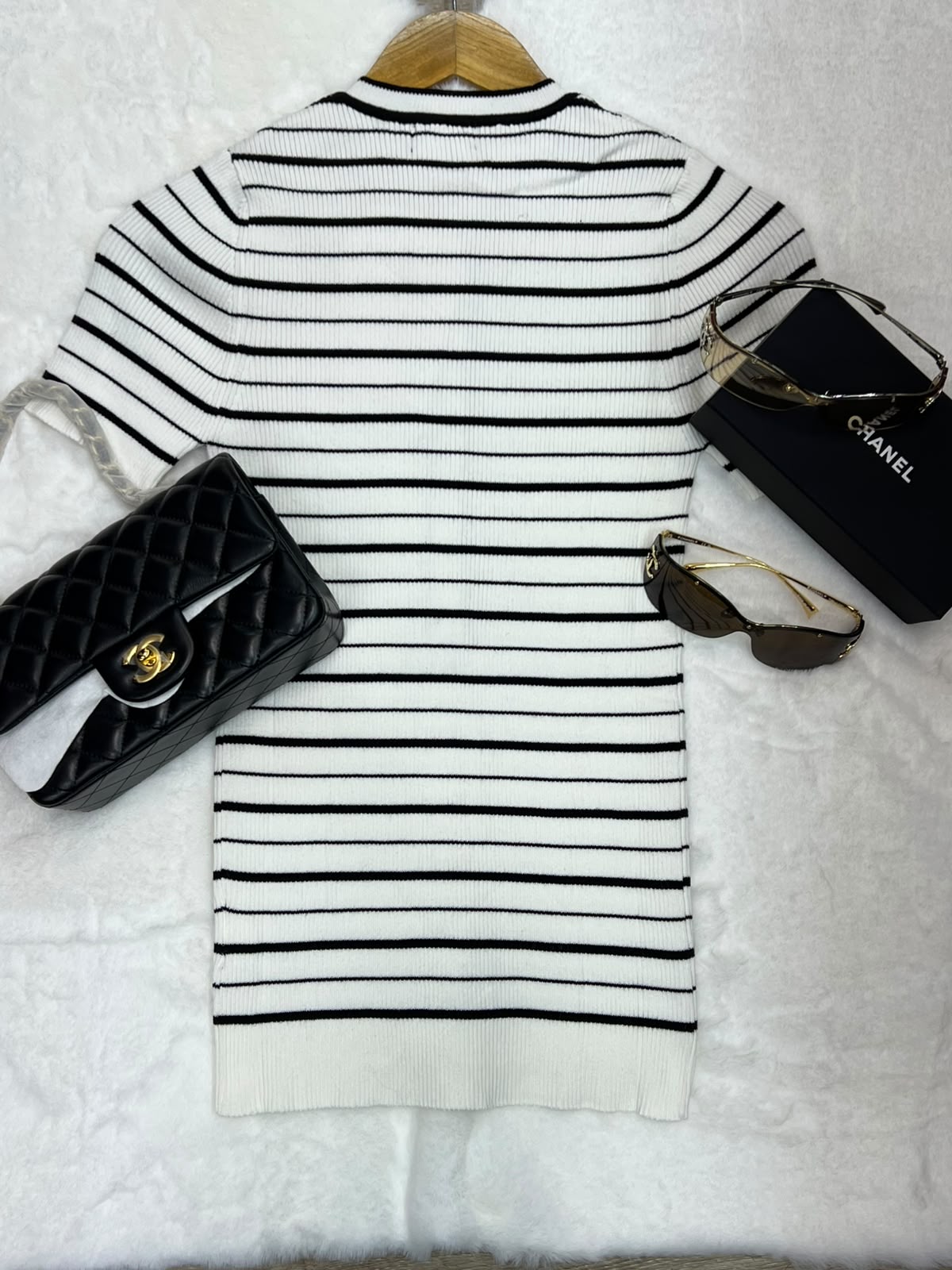 Chanel Striped Ribbed Short-Sleeve Cardigan Top with Gold CC Buttons