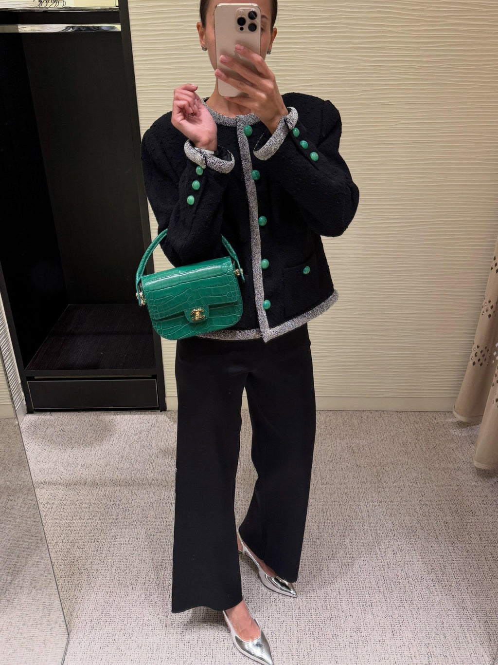 Chanel Beaded Trim Tweed Jacket with Green Buttons