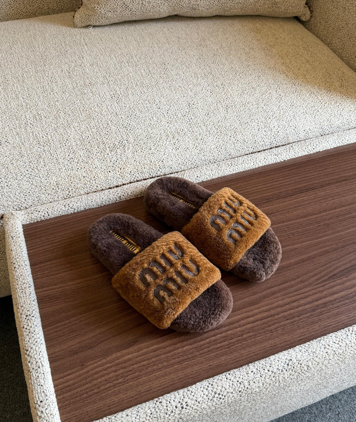 Miu Miu Shearling Logo Slide Slippers