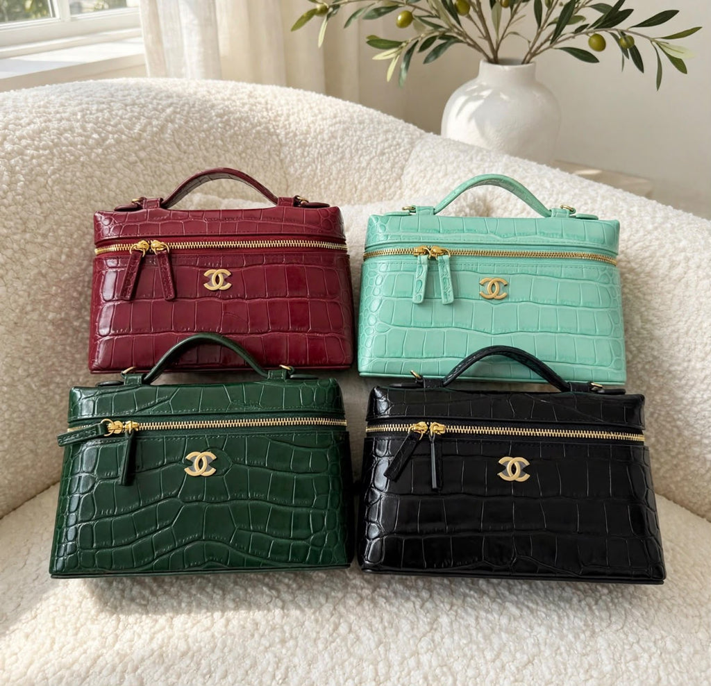 CHANEL Croc Pattern Zip Vanity Bag