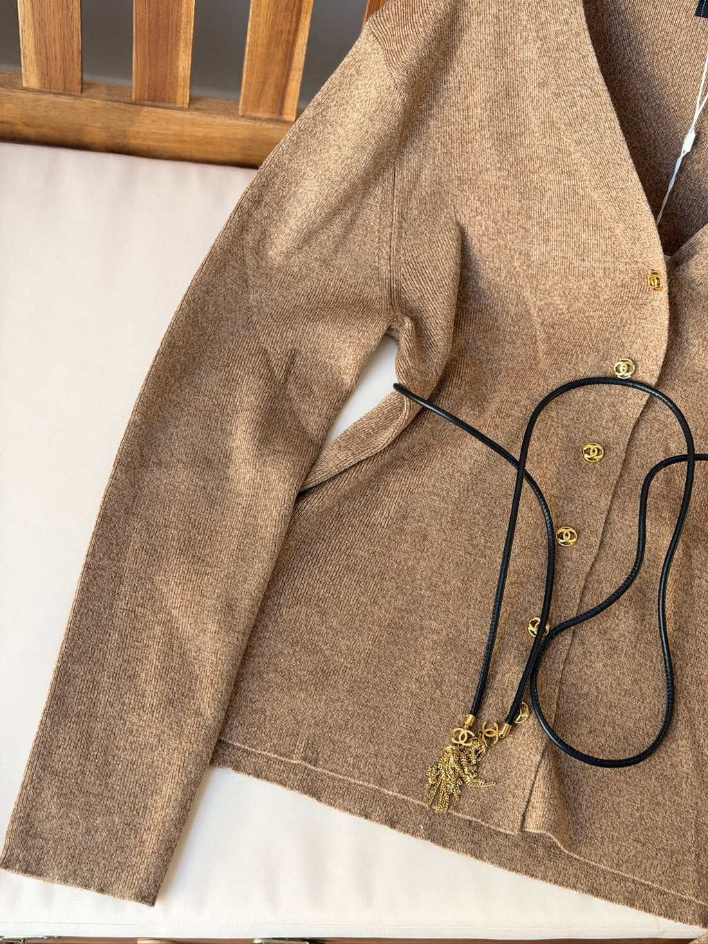 Chanel V-Neck Knit Cardigan with Waist Belt and Gold-Tone Charms
