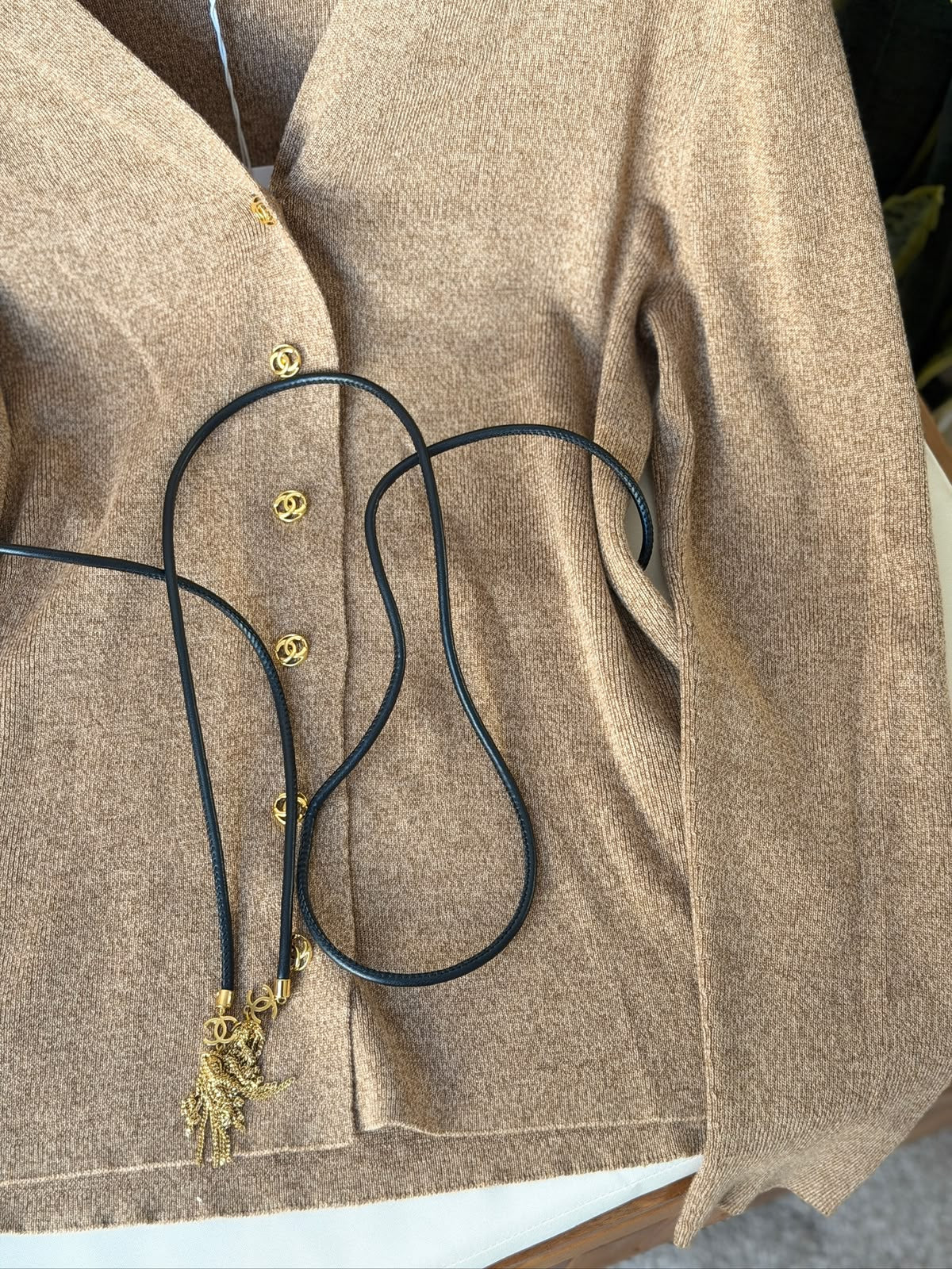 Chanel V-Neck Knit Cardigan with Waist Belt and Gold-Tone Charms