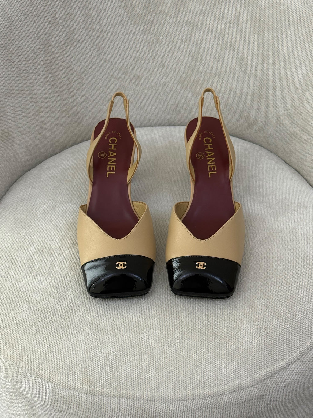 Chanel Patent Cap-Toe Slingback Pumps