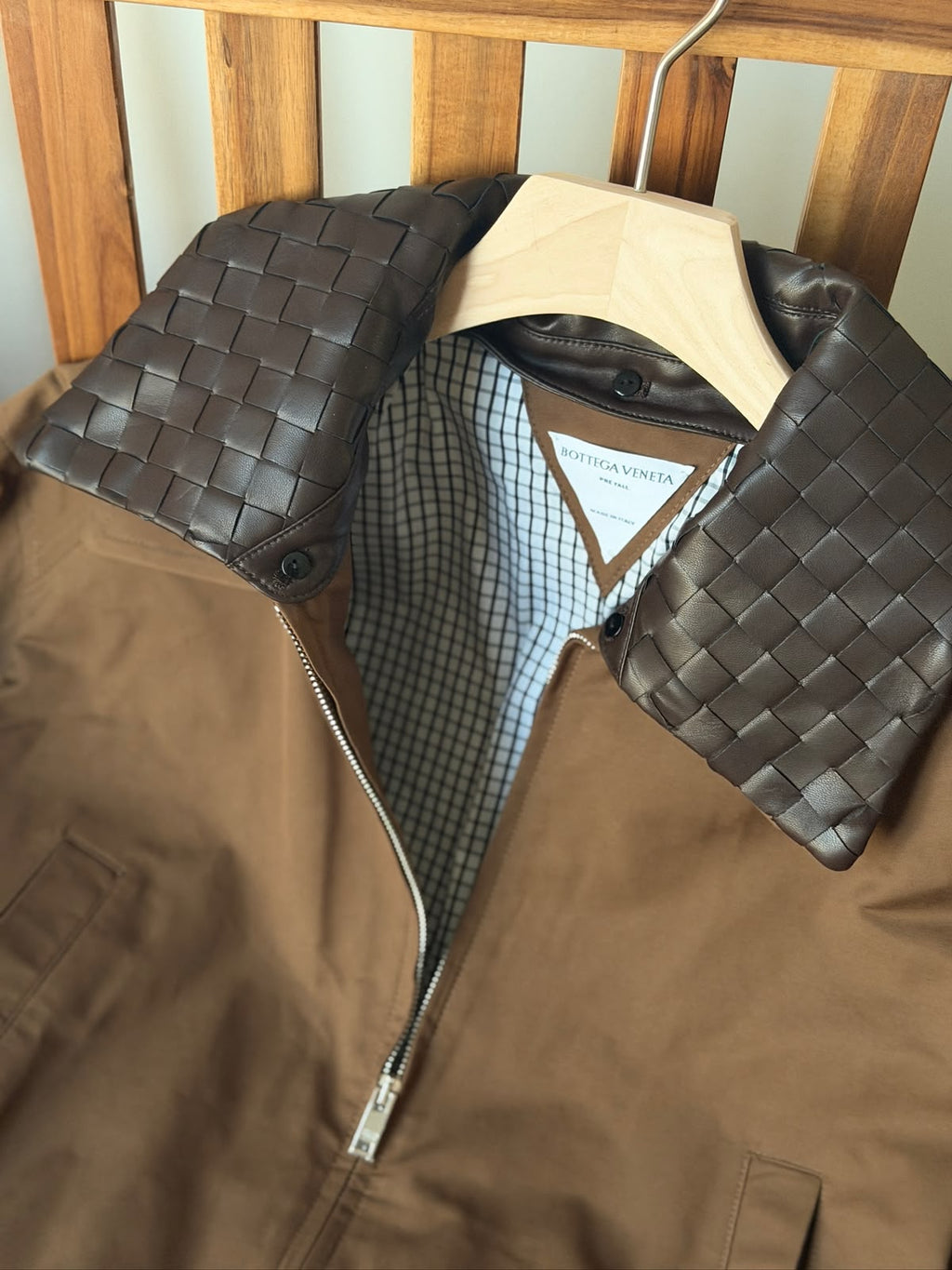 Bottega Veneta Crop Jacket with Contrast Woven Leather Collar