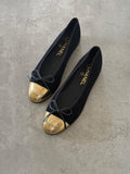 Chanel Black & Gold Cap-Toe Ballet Flats with Bow & CC Logo