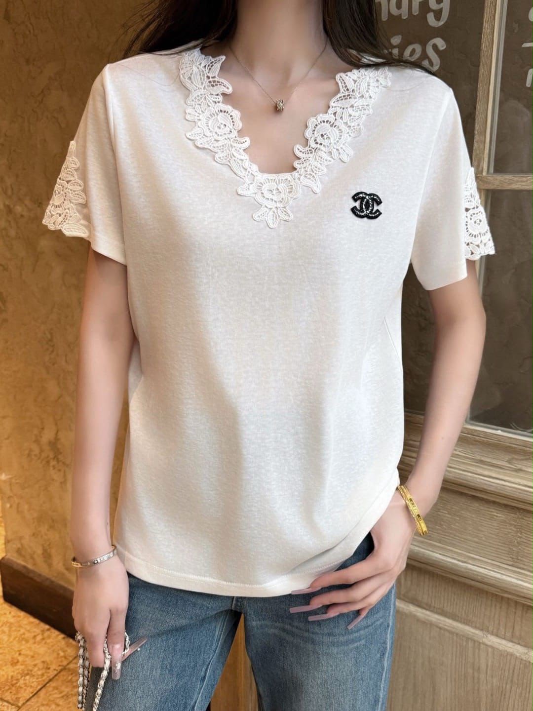 Chanel Lace Trim V-Neck Knit T-Shirt