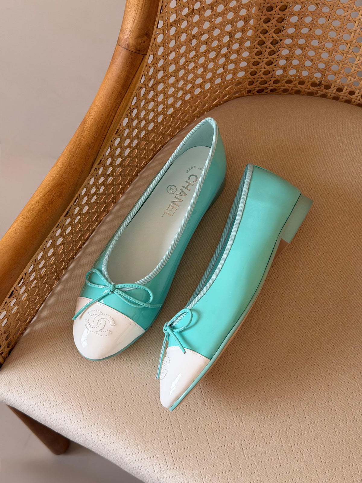 Chanel Two-Tone Patent Leather Ballet Flats with Bow & CC Logo