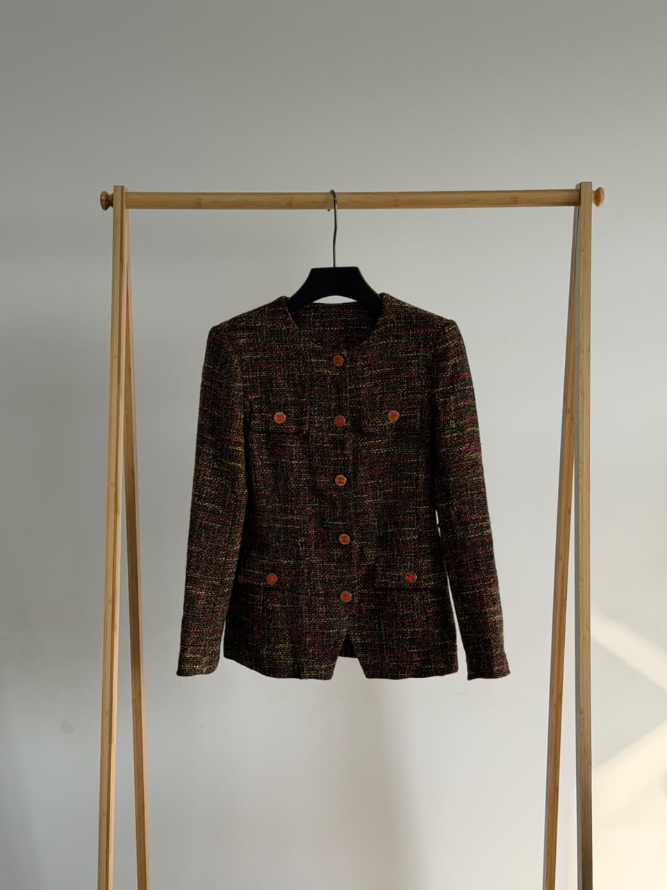 CHANEL Dark Multicolor Tweed Collarless Button-Up Jacket