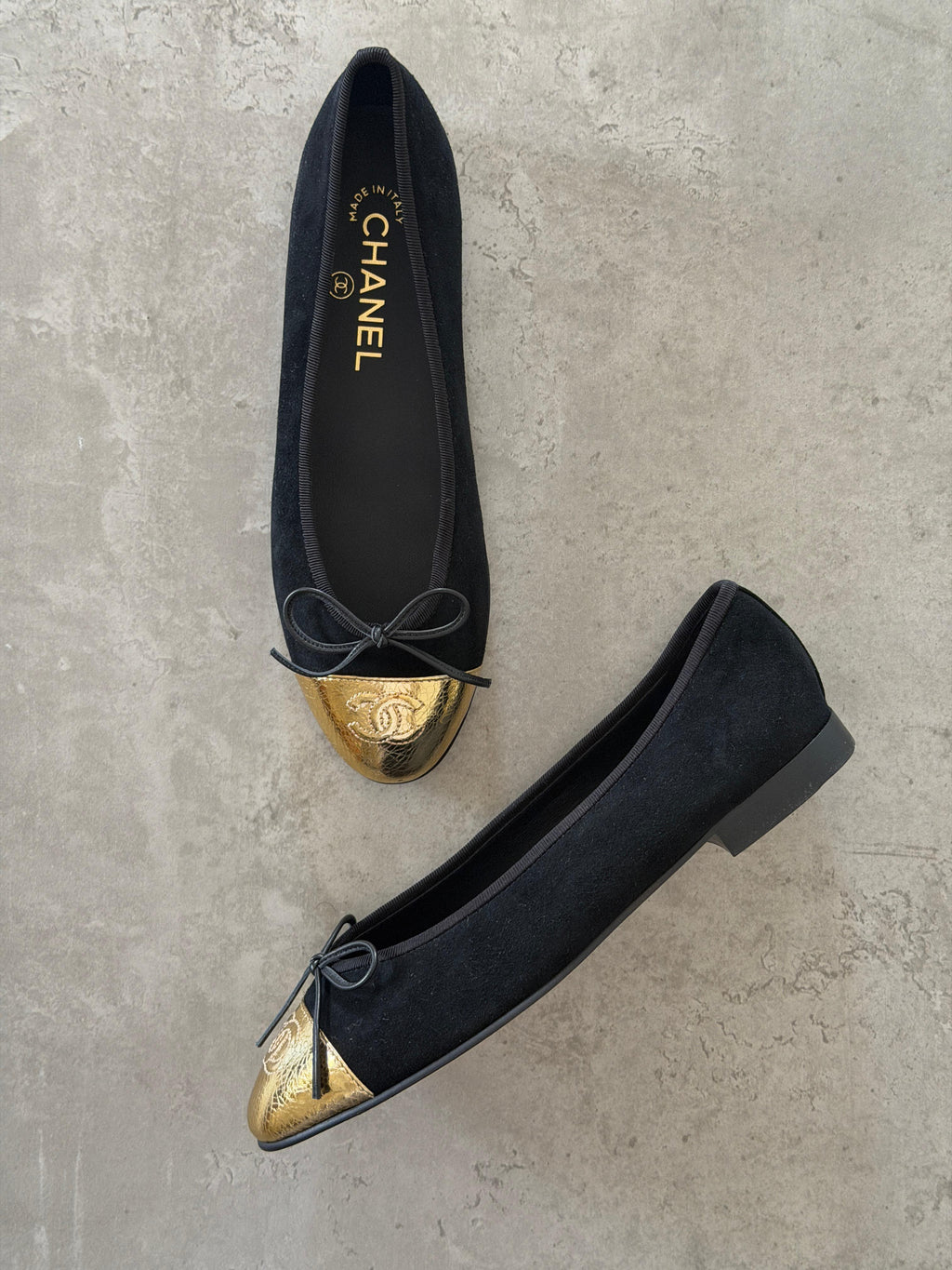 Chanel Black & Gold Cap-Toe Ballet Flats with Bow & CC Logo