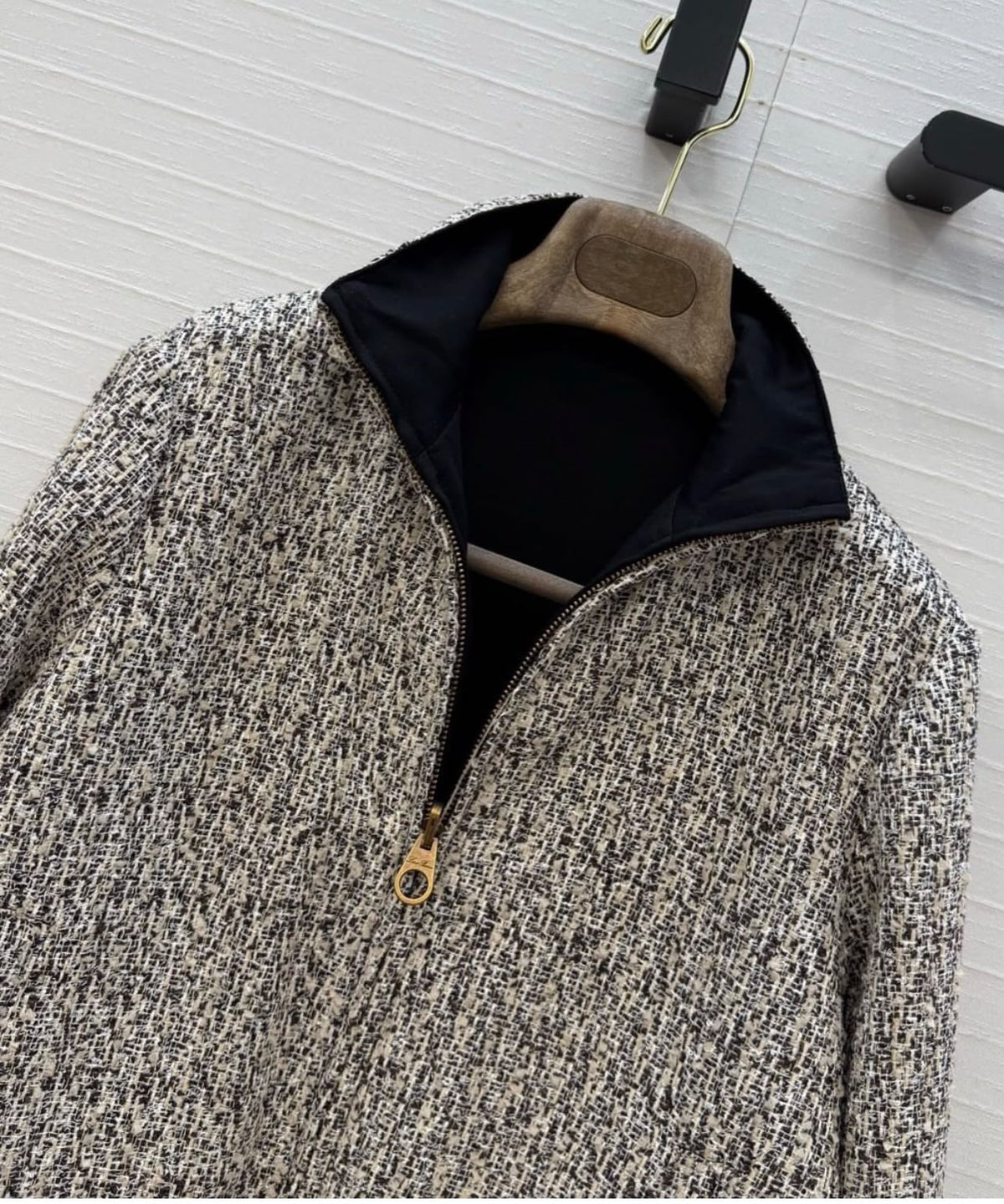 Loro Piana Bouclé Tweed Zip-Up High-Neck Bomber Jacket