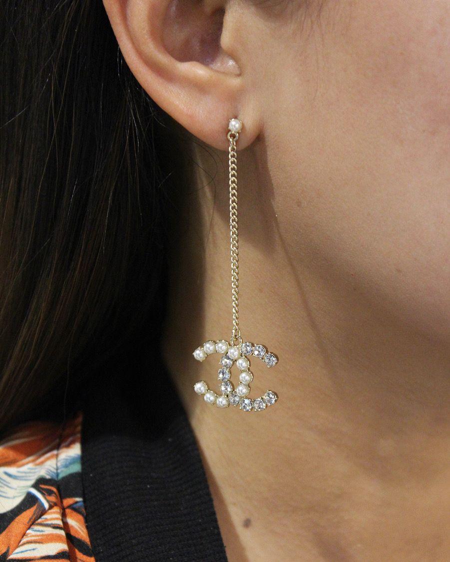CHANEL – Long Crystal CC Drop Earrings