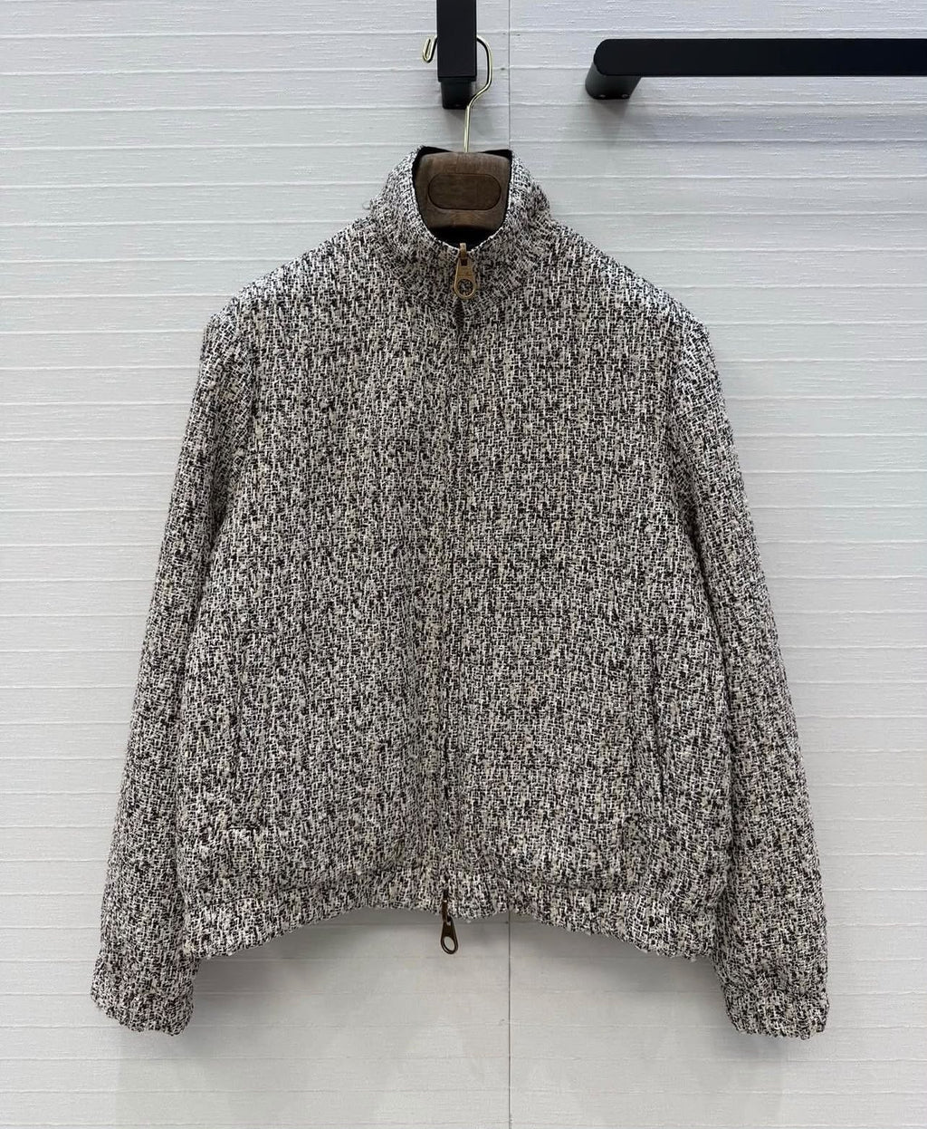 Loro Piana Bouclé Tweed Zip-Up High-Neck Bomber Jacket