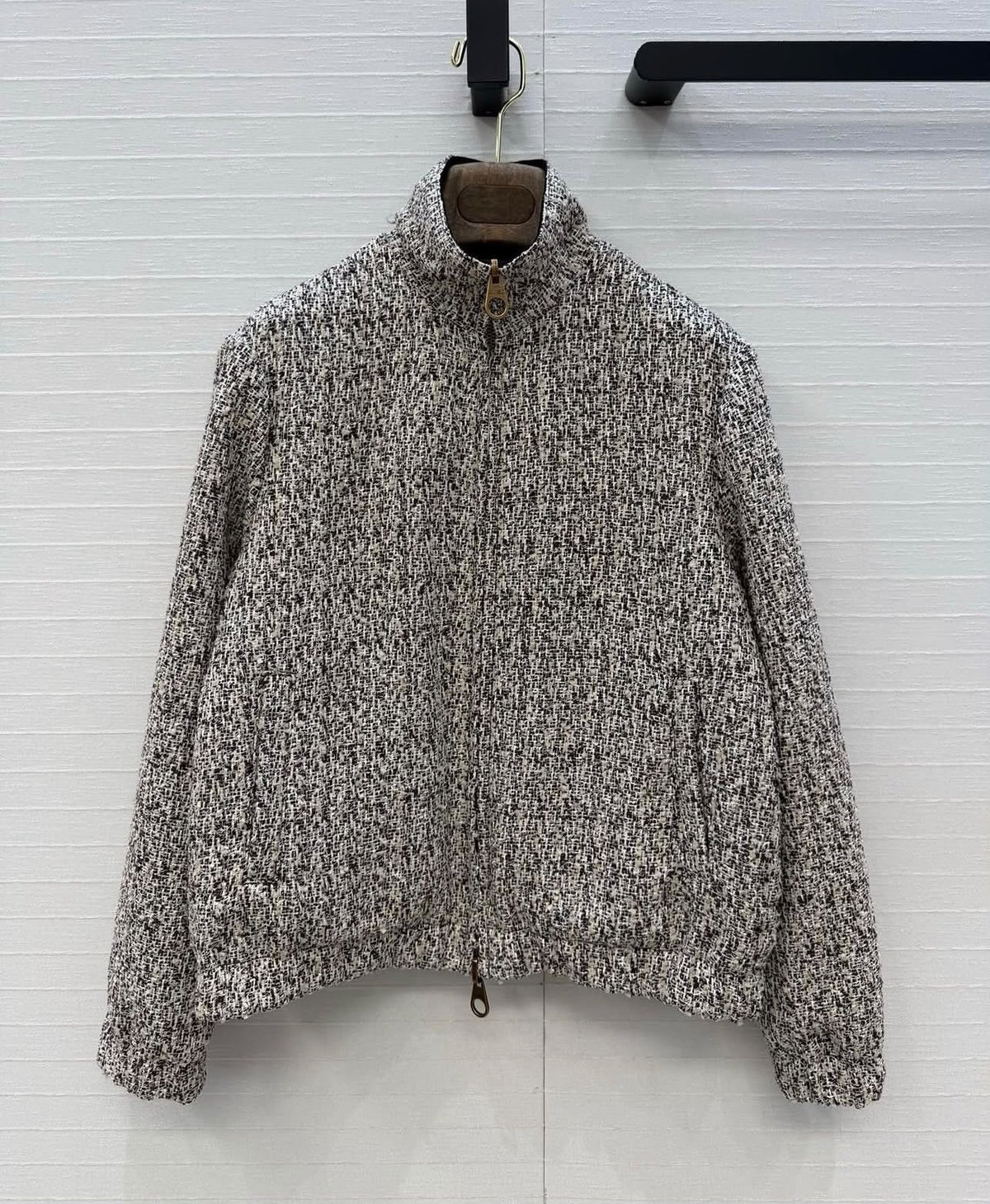 Loro Piana Bouclé Tweed Zip-Up High-Neck Bomber Jacket