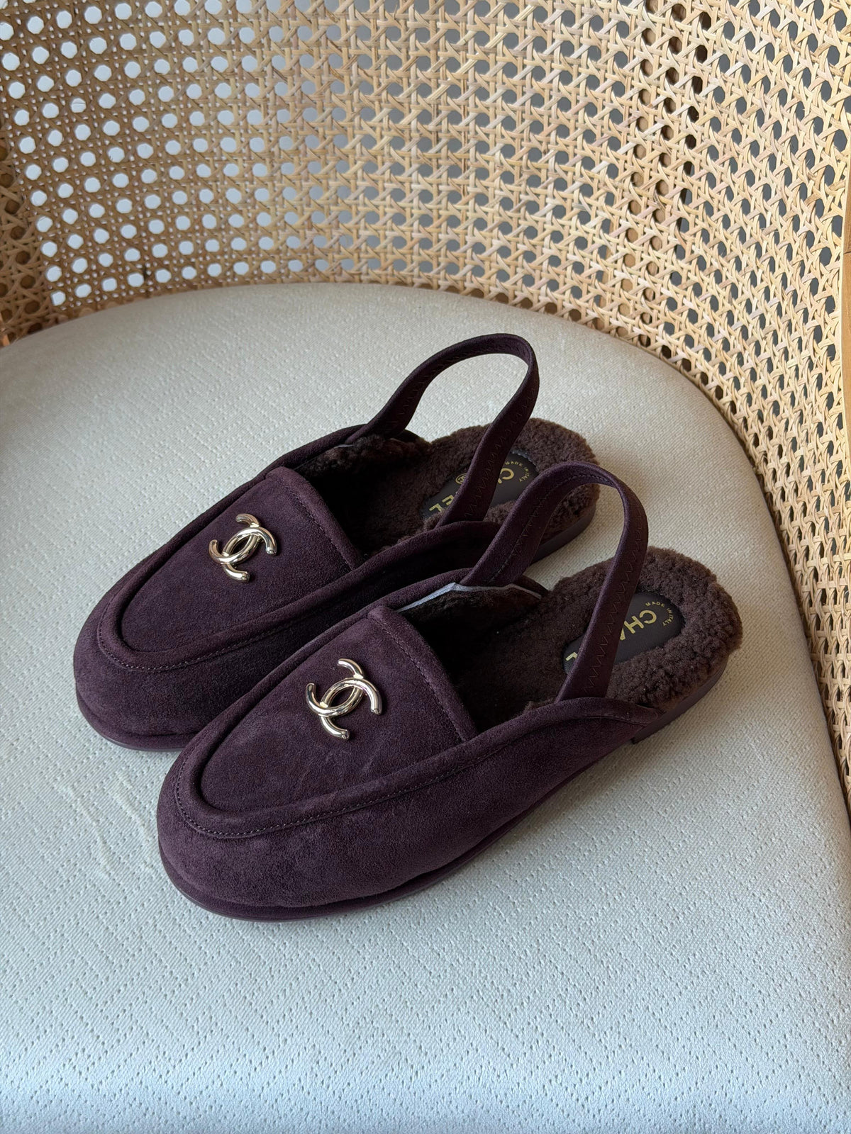 Chanel Shearling-Lined Loafer Mules with CC Logo