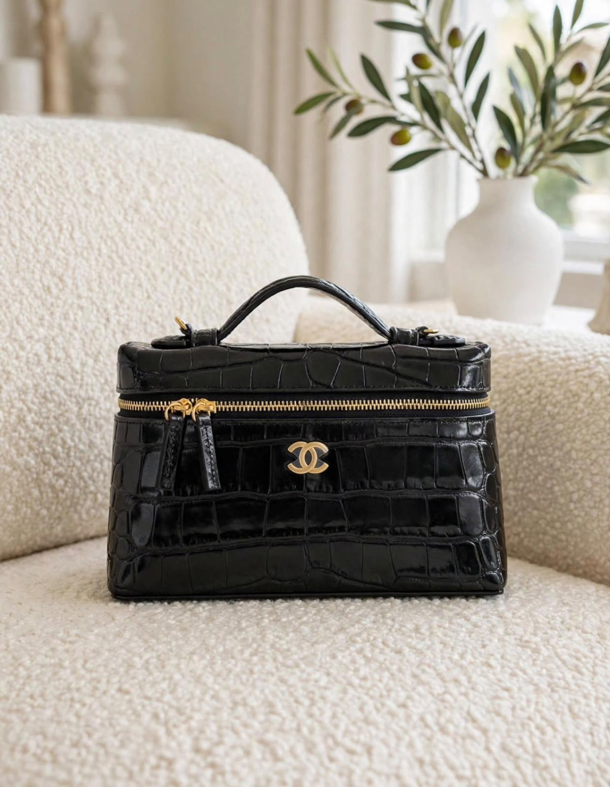 CHANEL Croc Pattern Zip Vanity Bag