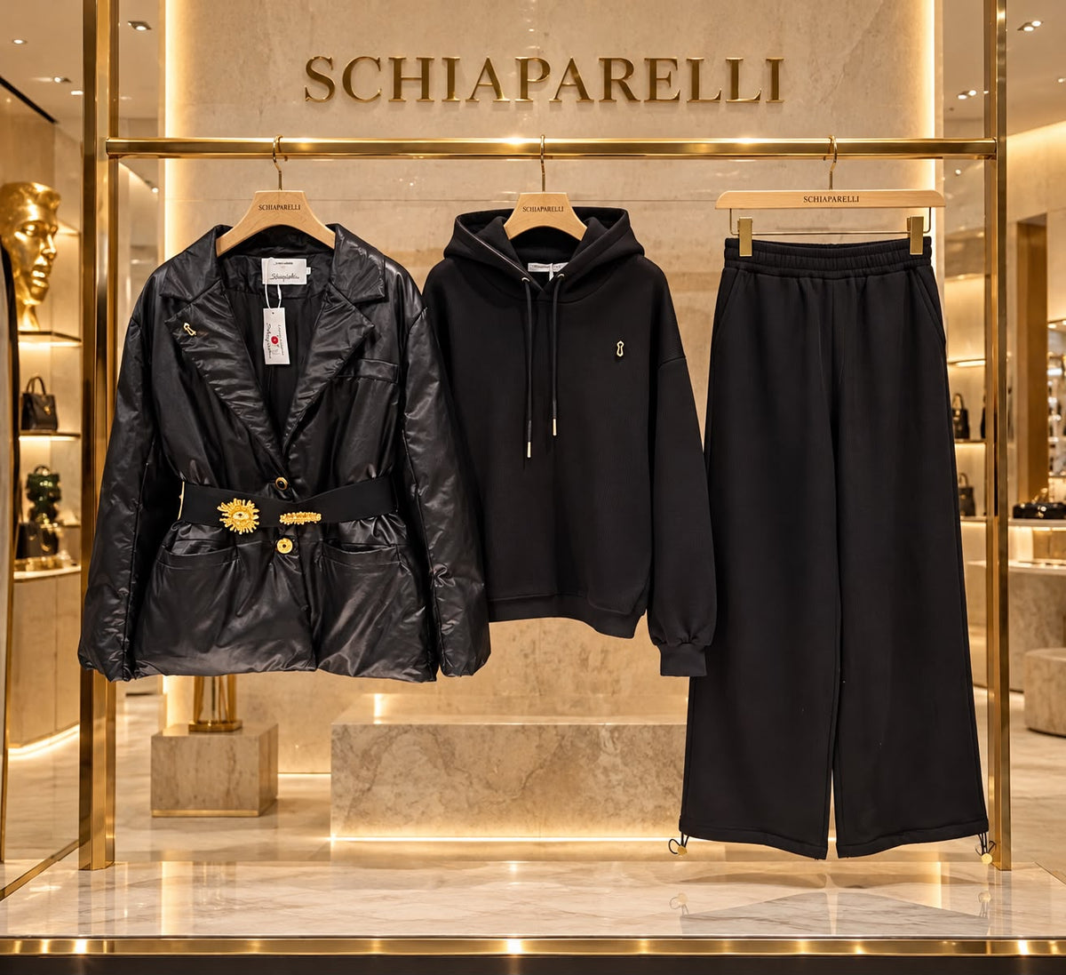Schiaparelli Belted Leather Puffer Jacket with Hardware Detail
