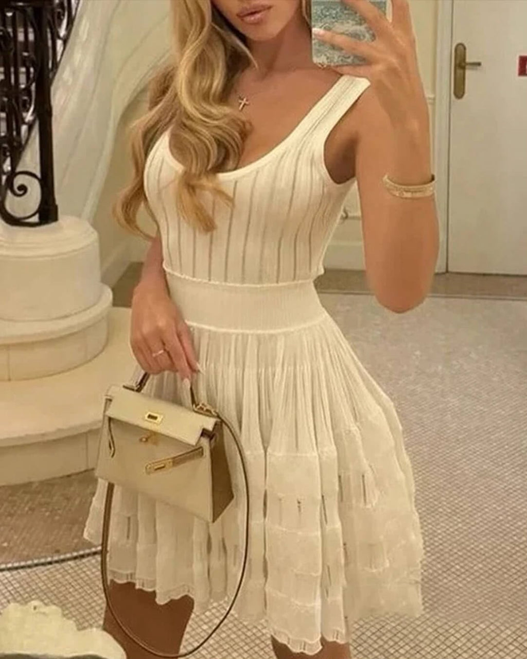 Alaïa White Summer Dress with Pearl Necklace