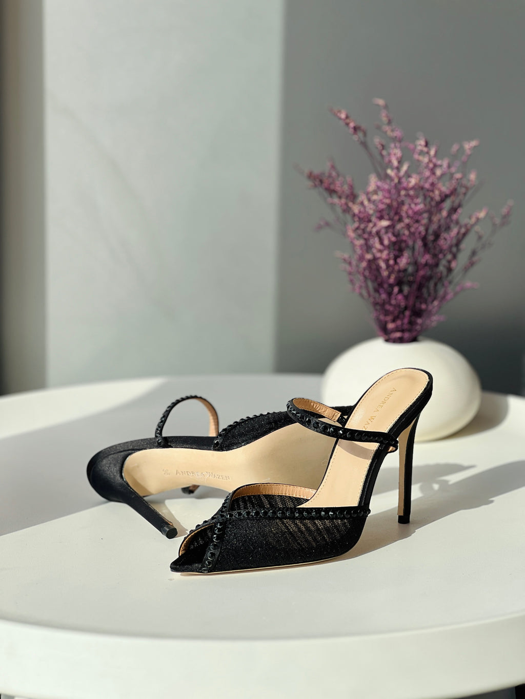 Andrea Wazen Black Lace Embellished Mules