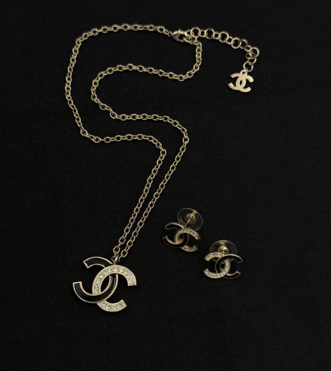 Chanel CC Black Enamel Crystal Necklace and Earrings Set