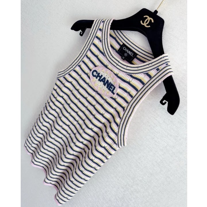 Chanel Striped Logo Patch Knit Tank Top
