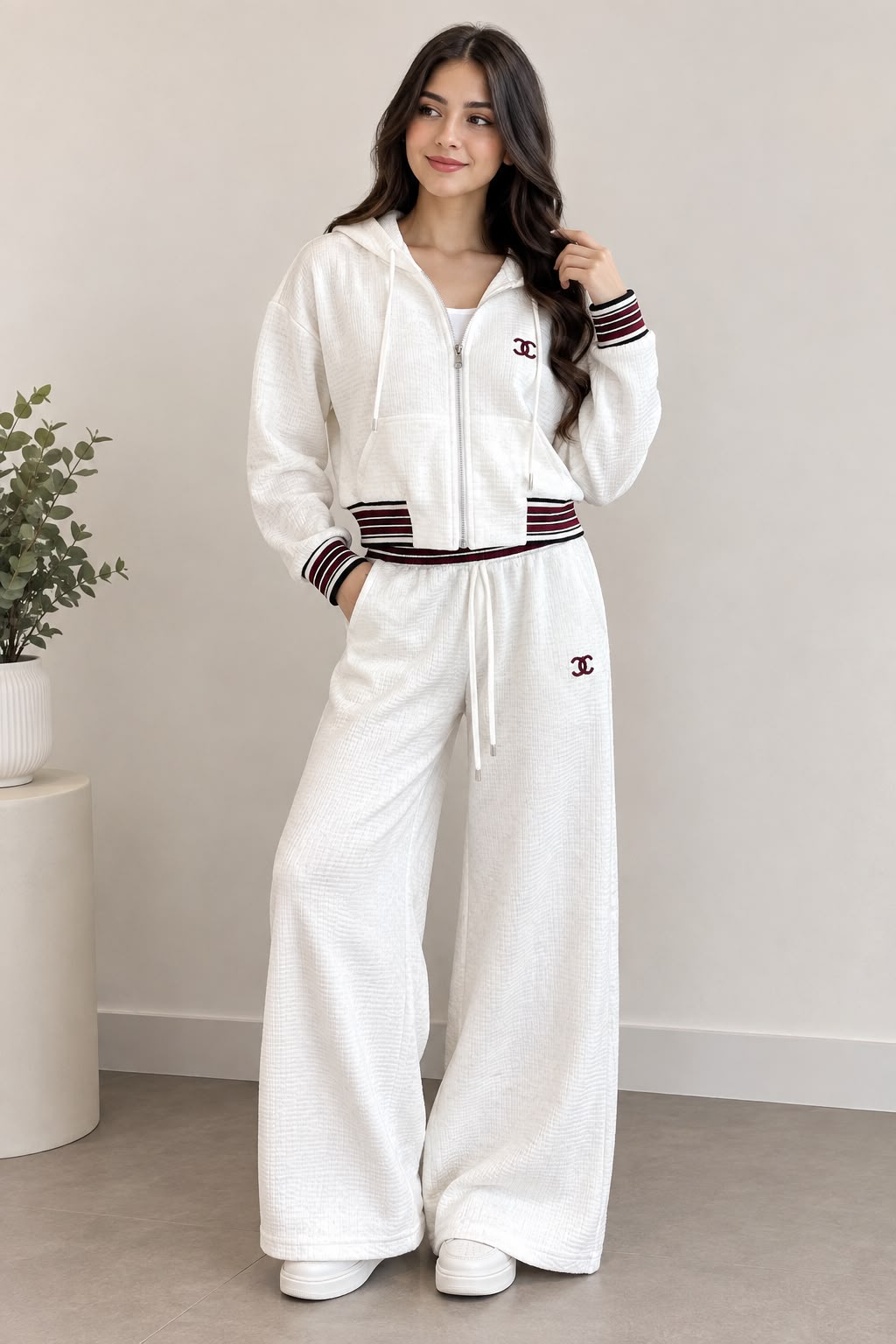 Celine Triomphe Striped Trim Zip Hoodie and Wide