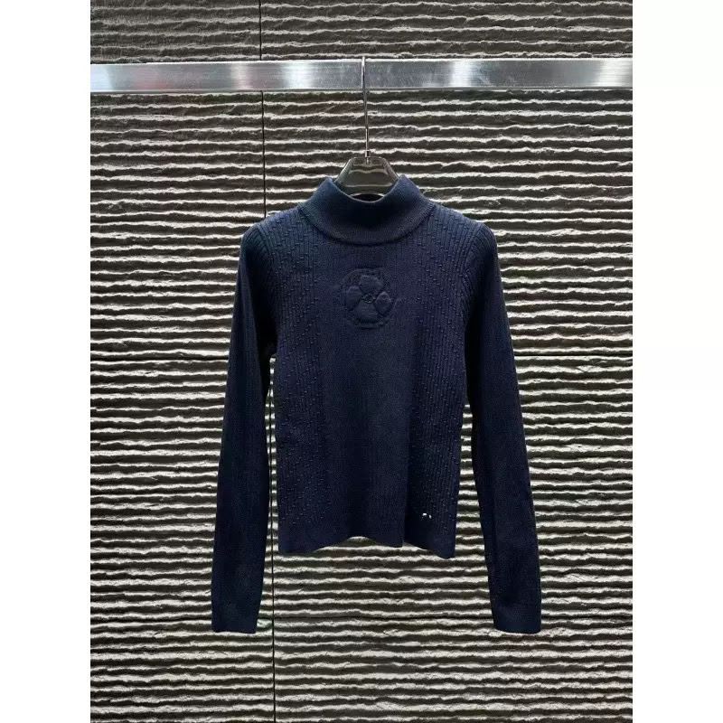 Chanel Camellia Embossed Ribbed High-Neck Knit Sweater
