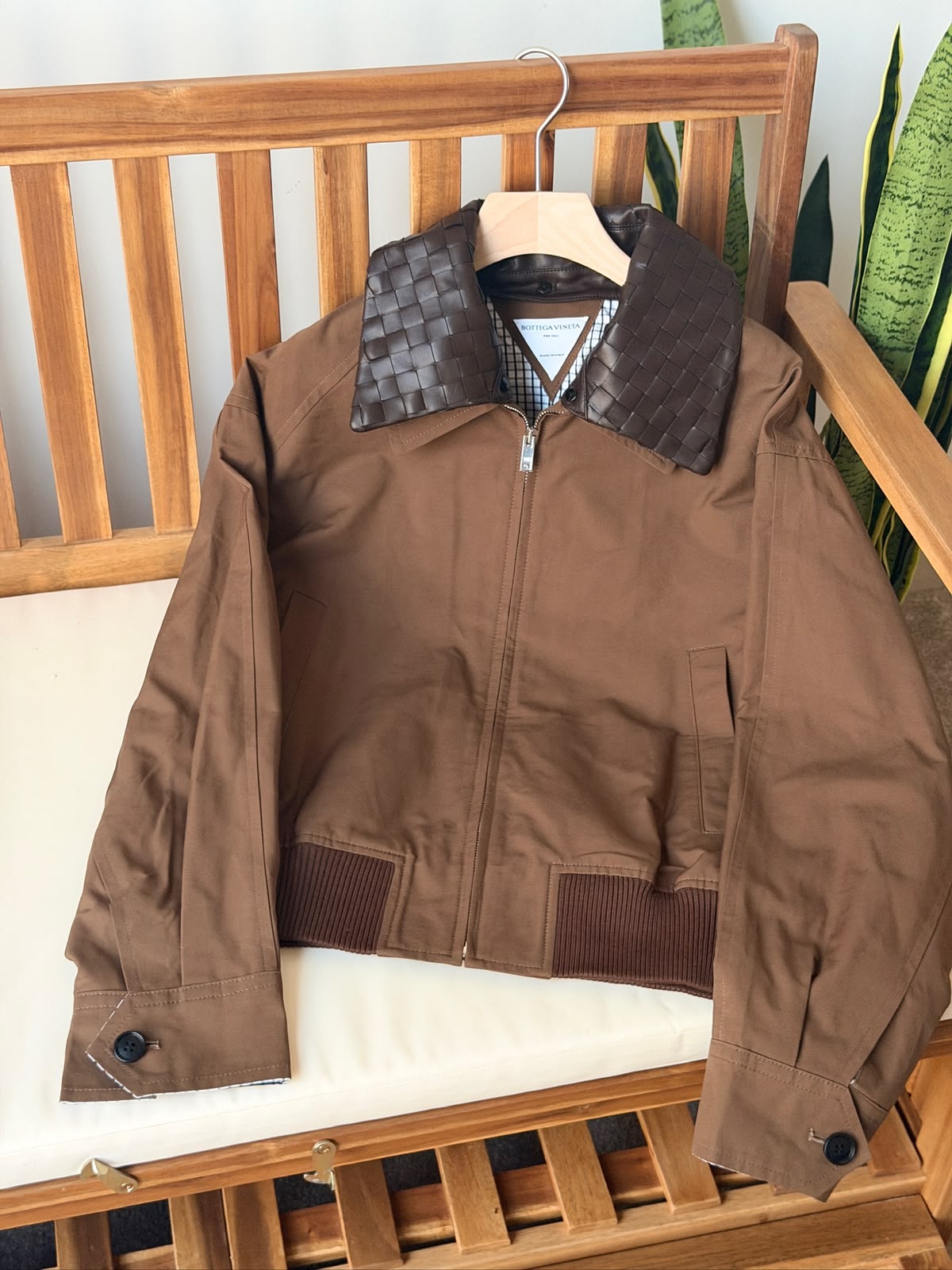 Bottega Veneta Crop Jacket with Contrast Woven Leather Collar