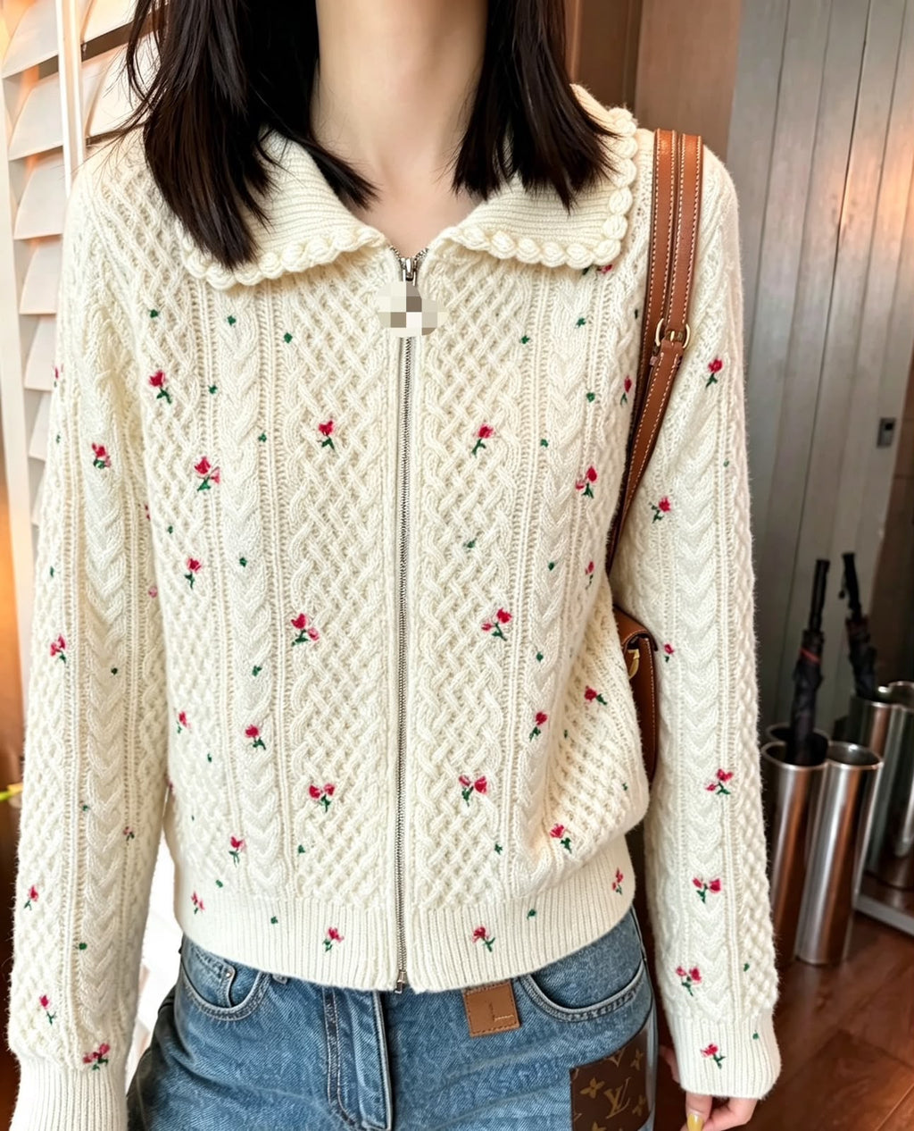 CHANEL Floral Zip-Up Knit Cardigan