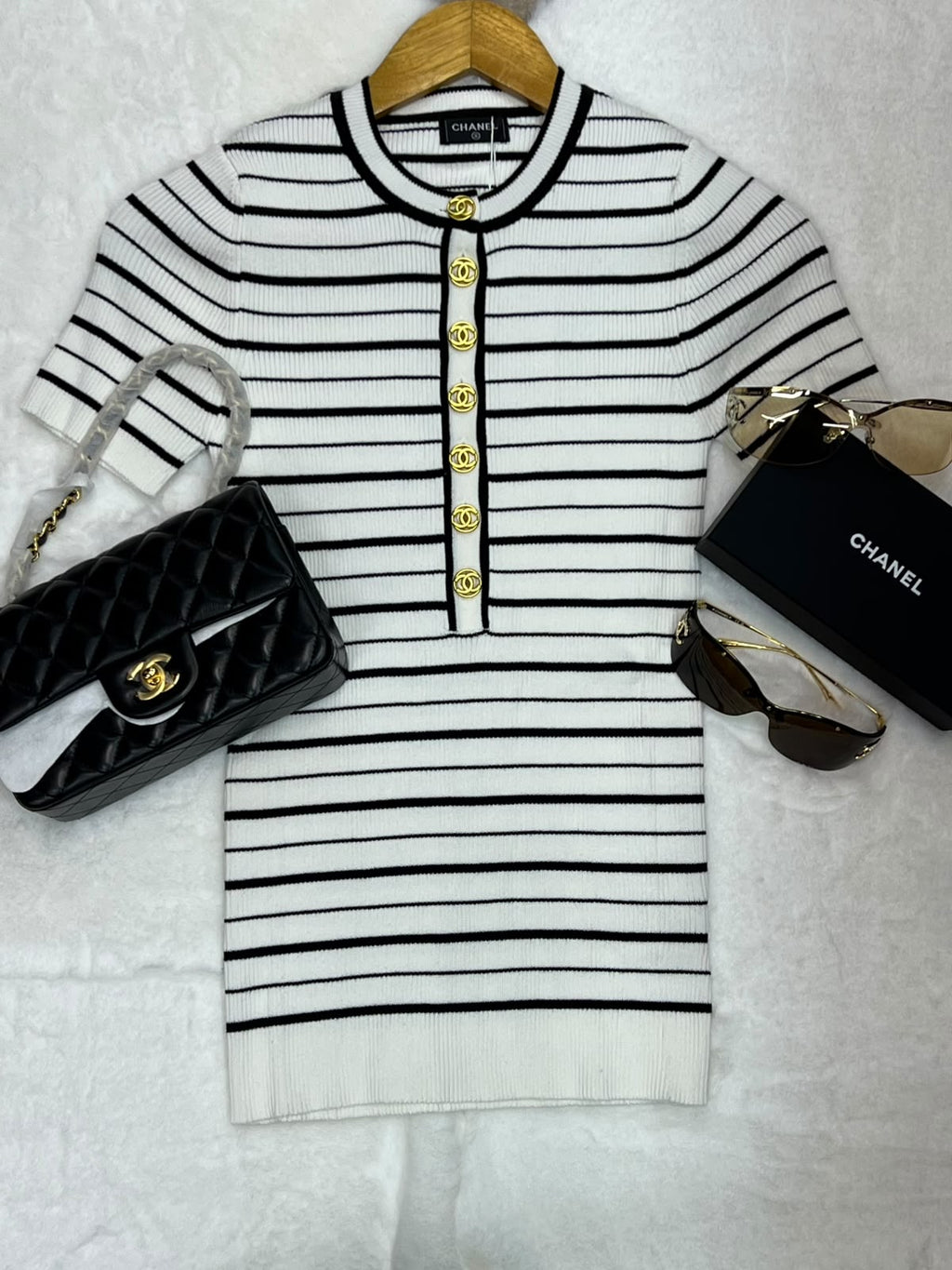 Chanel Striped Ribbed Short-Sleeve Cardigan Top with Gold CC Buttons