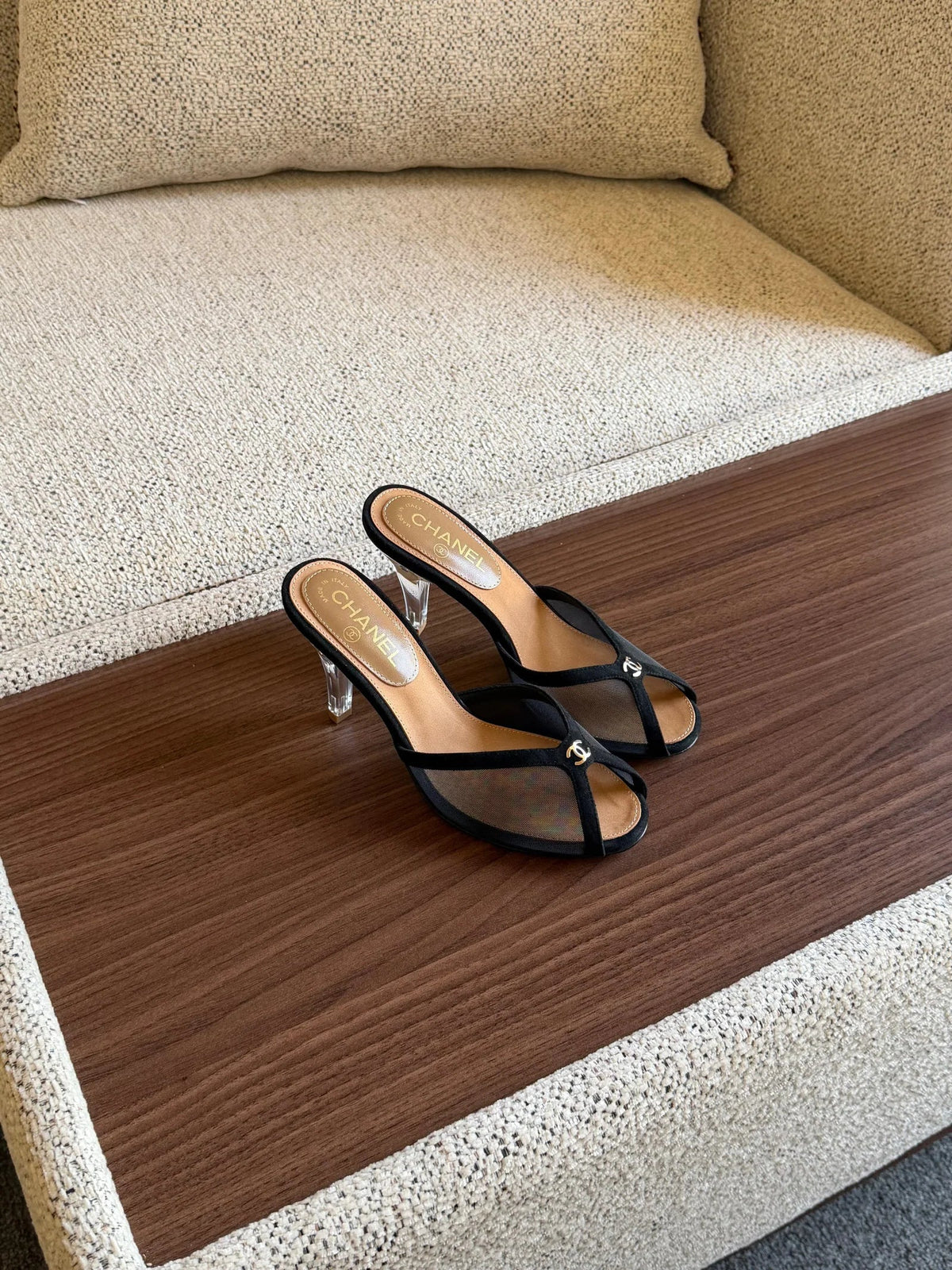 Chanel Mesh Peep-Toe CC Mules