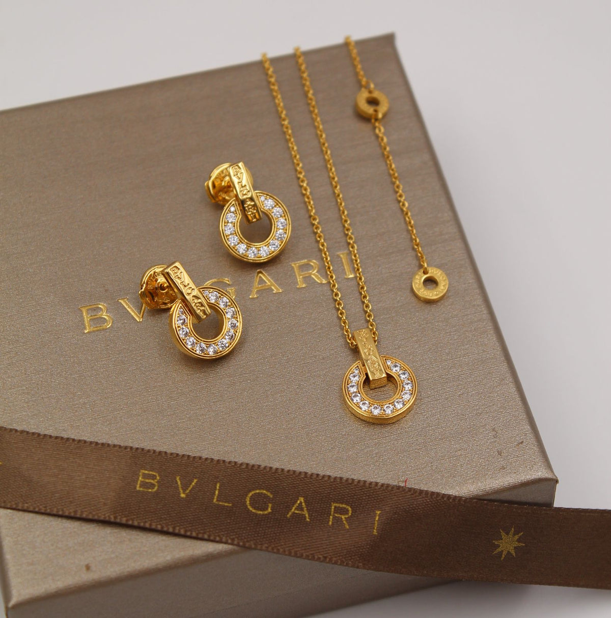 BVLGARI -Tone Pave Circular Pendant Necklace and Earrings Set