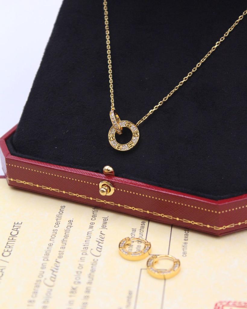 Cartier Gold Tone Embellished Circle Necklace and Hoop Earrings Set
