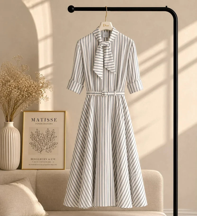 Dior Mid-Length Belted Dress Gray and White