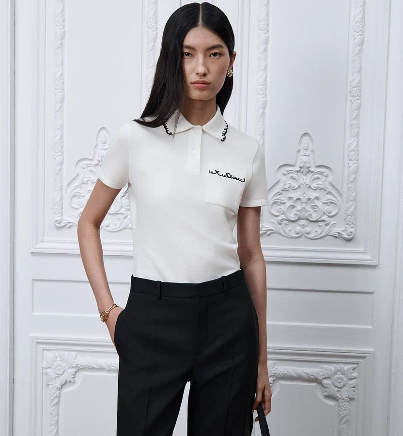 Dior Embroidered Polo Shirt White and Black Cotton