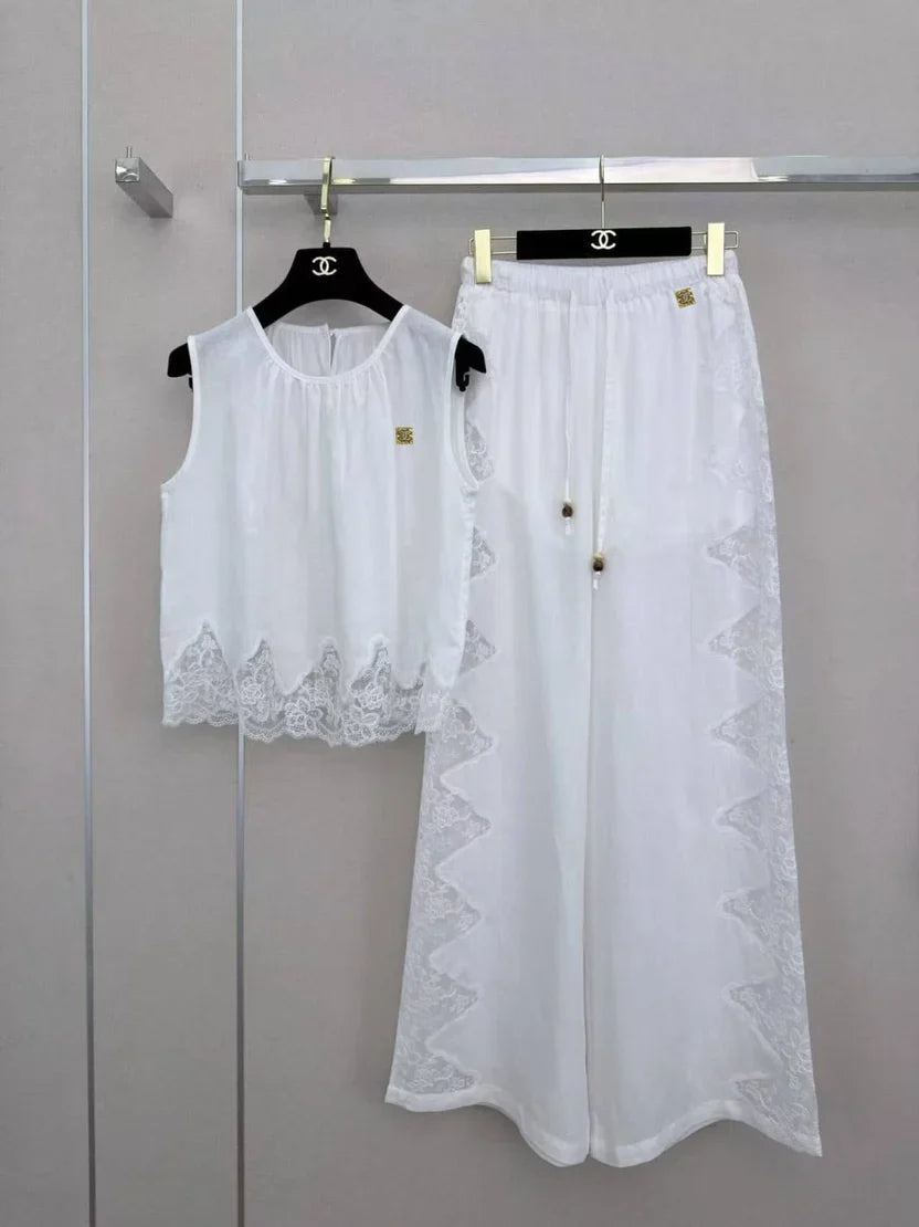 Chanel white embroidered linen pants set